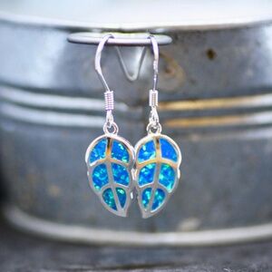 New Leaf Design Blue Opal Earrings Sterling Silver, October Birthstone